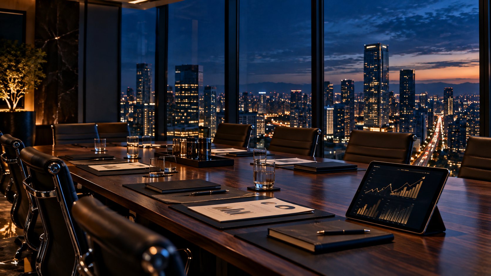 Executive boardroom overlooking a city at dusk